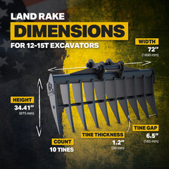 JCB JS160 Excavator Land Clearance Rake - 72" Heavy Duty