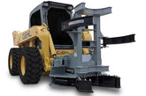 A skid steer with a Baumalight tree shear attached to it, designed for cutting down trees.