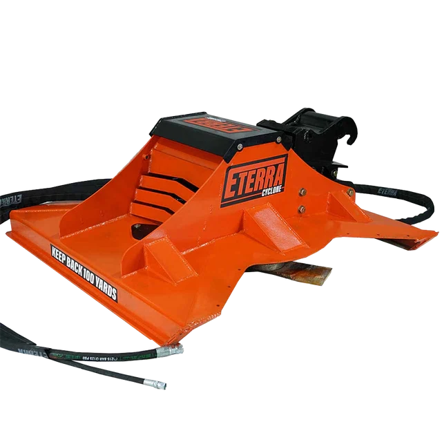 Eterra Cyclone Rotary Brush Cutter for Excavator | Orange agricultural tool with 'E-Terra' branding on a white background