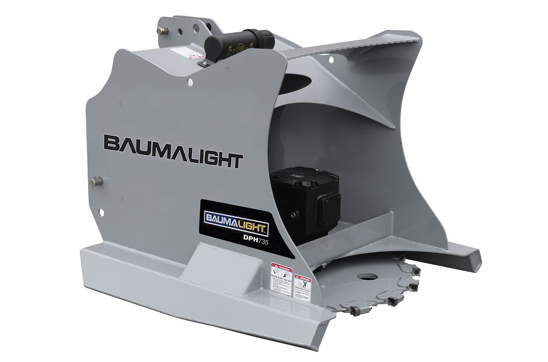 Baumalight DPH series PTO tree cutter with three-point hitch mounted on a New Holland tractor on white background