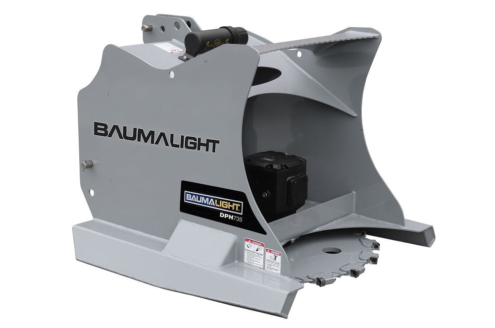 Baumalight DPH series PTO tree cutter with three-point hitch mounted on a New Holland tractor on white background